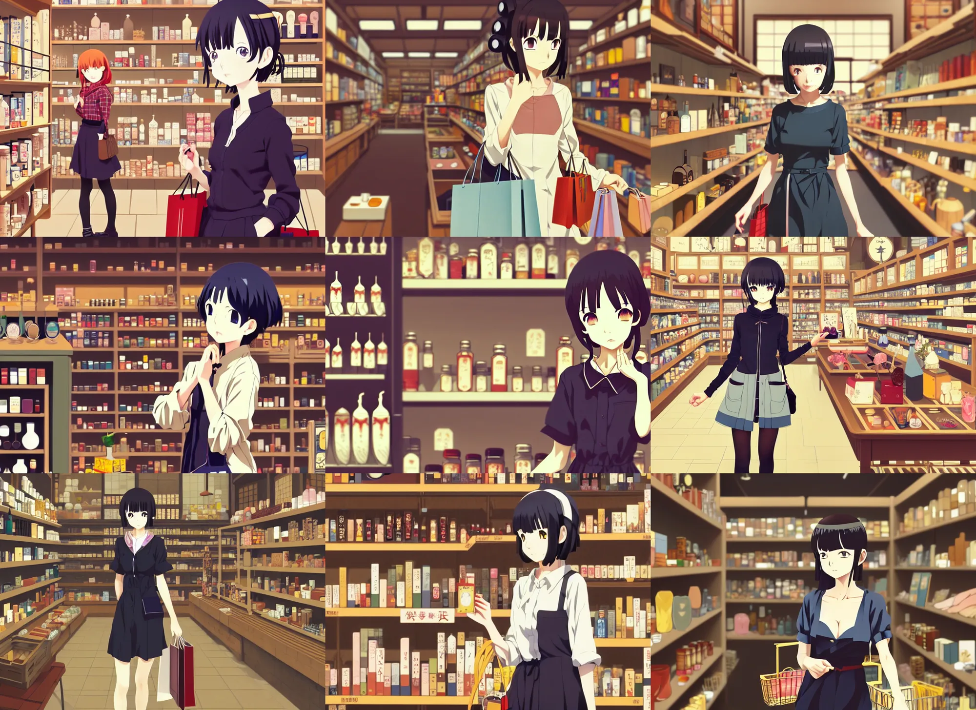 Prompt: anime visual, portrait of a gloomy female traveler shopping in a alchemist's shop interior, cute face by ilya kuvshinov, yoh yoshinari, makoto shinkai, katsura masakazu, dynamic pose, dynamic perspective, flat cel shaded, mucha, crisp smooth lines, rounded eyes