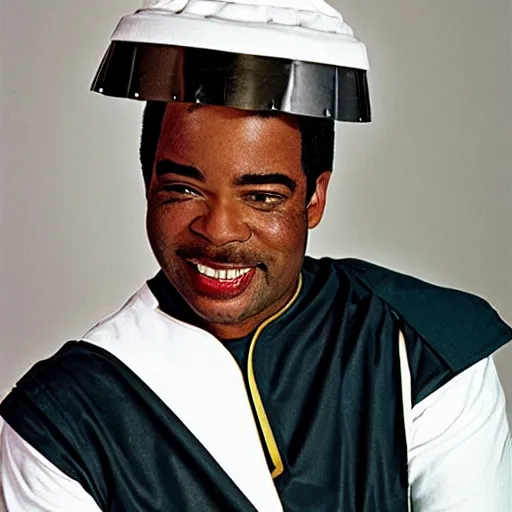 Image similar to Geordi LaForge wearing a colander and kitchen tools on his head