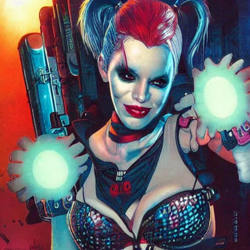 Image similar to a dream portrait of cyberpunk Harley Quinn in post apocalyptic Gotham art by Paul Dini, Joe Chiodo