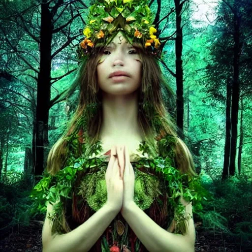 Prompt: a forest wood goddess, beautiful, protecting the forest, enchanting, lush, unique, amazing, realistic