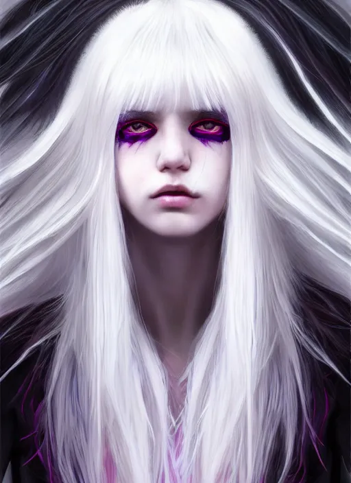 Prompt: hair whitebangs hair, black cyberlox, portrait of normal teenage girl, white bangs, messy bangs, fluffy bangs, cyberlox, whitebangs, red irises, purple background, intricate, elegant, highly detailed, digital painting, artstation, concept art, sharp focus, smooth, illustration, art by wlop, mars ravelo and greg rutkowski