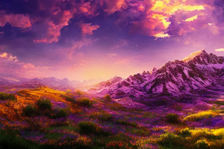 Prompt: landscape of purple paisley mountains and yellow sky, artstation, complex, hyperrealistic, 8k resolution