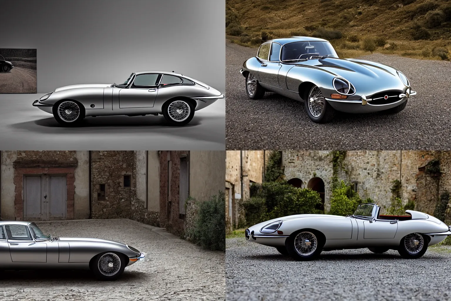 Prompt: a 2030 Jaguar E-type concept, studio lighting, wide shot in Tuscany