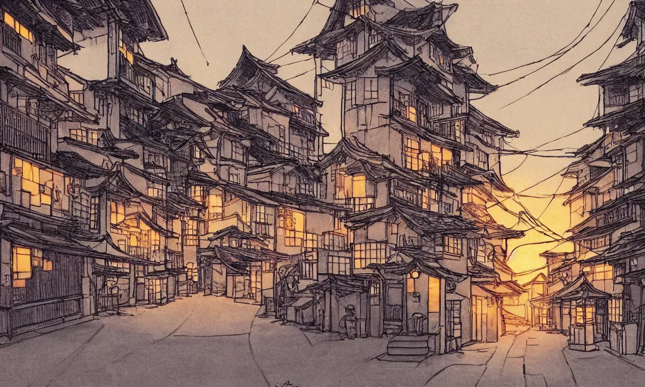 Prompt: a sunset on a little japanese street drawn by Yoshiyuki Sadamoto, trending on Artstation