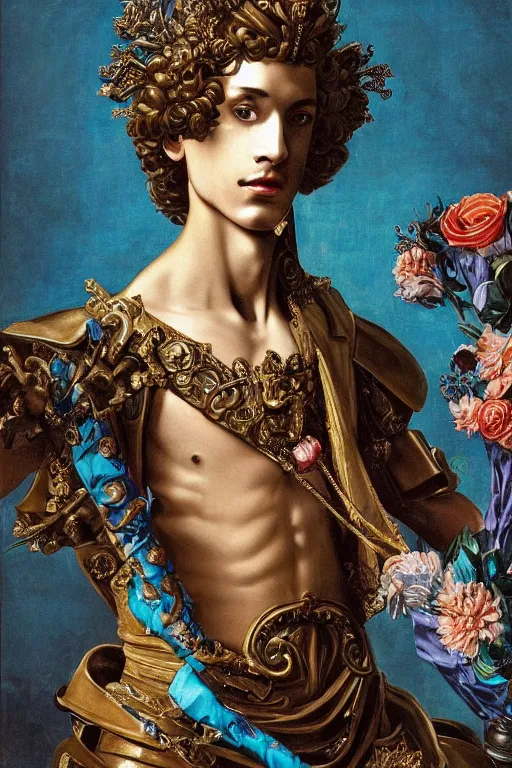 Image similar to a young handsome Spanish prince in a full-body bronze cyberpunk style statue of an android with glowing blue eyes with an open chest exposing a sparking motherboard chip, crown of peach roses, flowing teal-colored silk, fabric, flowers. baroque elements, human skull. full-length view. baroque element. intricate artwork by caravaggio. many many birds birds on background. Trending on artstation, octane render, cinematic lighting from the right, hyper realism, octane render, 8k, depth of field, 3D