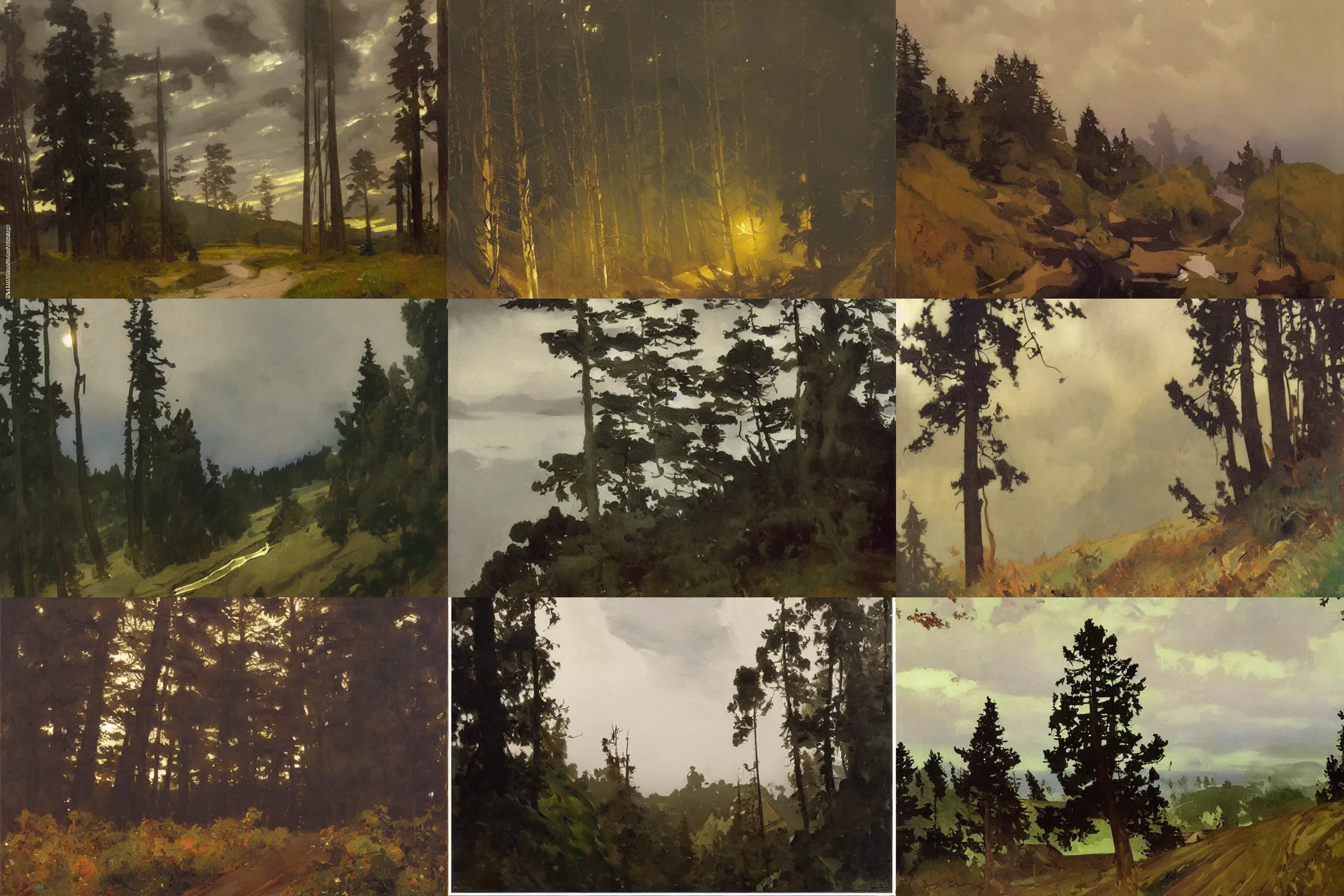 Prompt: painting by sargent leyendecker and gurney, vasnetsov, savrasov levitan polenov, middle ages, above the layered low clouds travel path road to sea bay view forest trees and rivers photo of praire overcast sharpen details darkest night black sky
