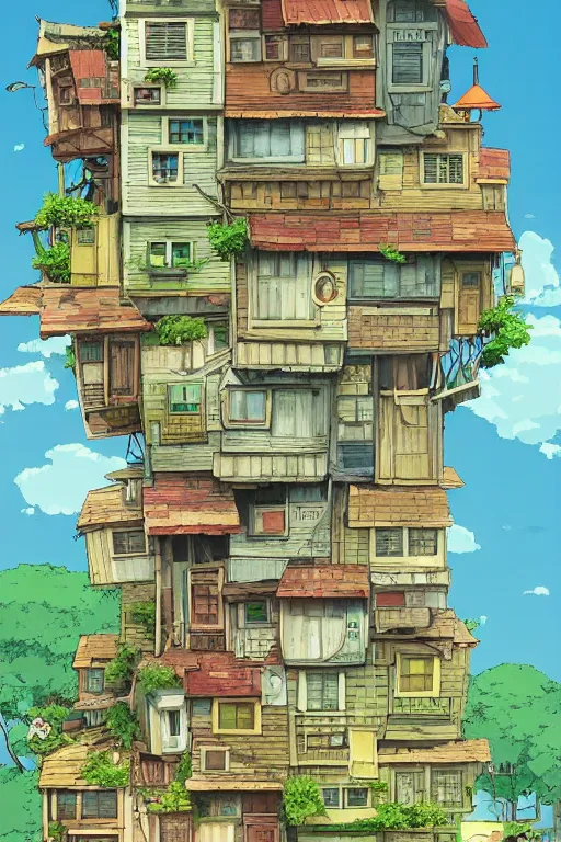 Image similar to stacked houses, solarpunk, studio ghibli