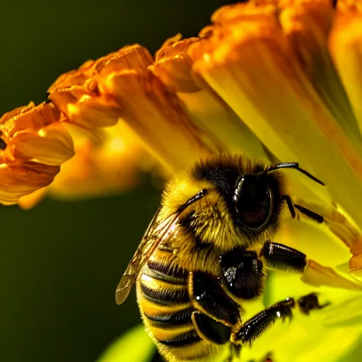 Prompt: a bee looking straight in to the camera, macro photography, ambient light, perfect focus