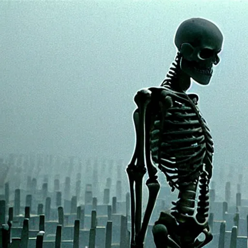 Image similar to a skeleton walking in a cemetery. still from blade runner.