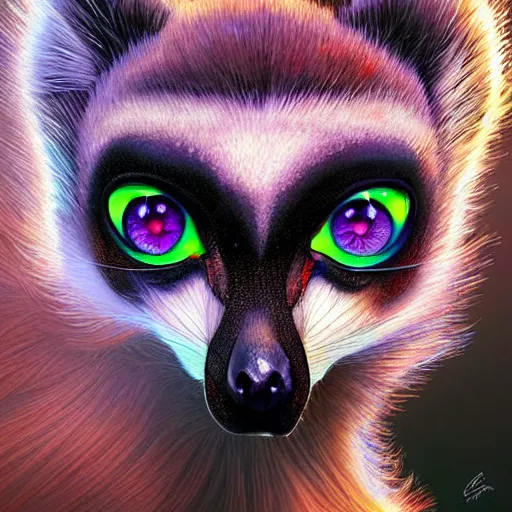 Prompt: Geometric lemur with galaxy eyes, sun in the background, intricate, elegant, highly detailed, digital painting, artstation, concept art, smooth, sharp focus, illustration, art by artgerm