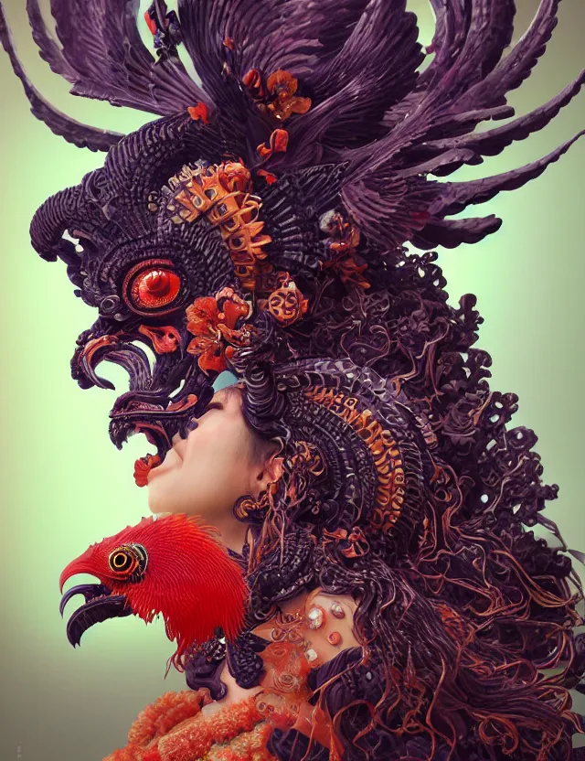 Image similar to 3 d goddess of hell close - up profile portrait with ram skull. beautiful intricately detailed japanese crow kitsune mask and clasical japanese kimono. betta fish, jellyfish phoenix, bio luminescent, plasma, ice, water, wind, creature, artwork by tooth wu and wlop and beeple and greg rutkowski