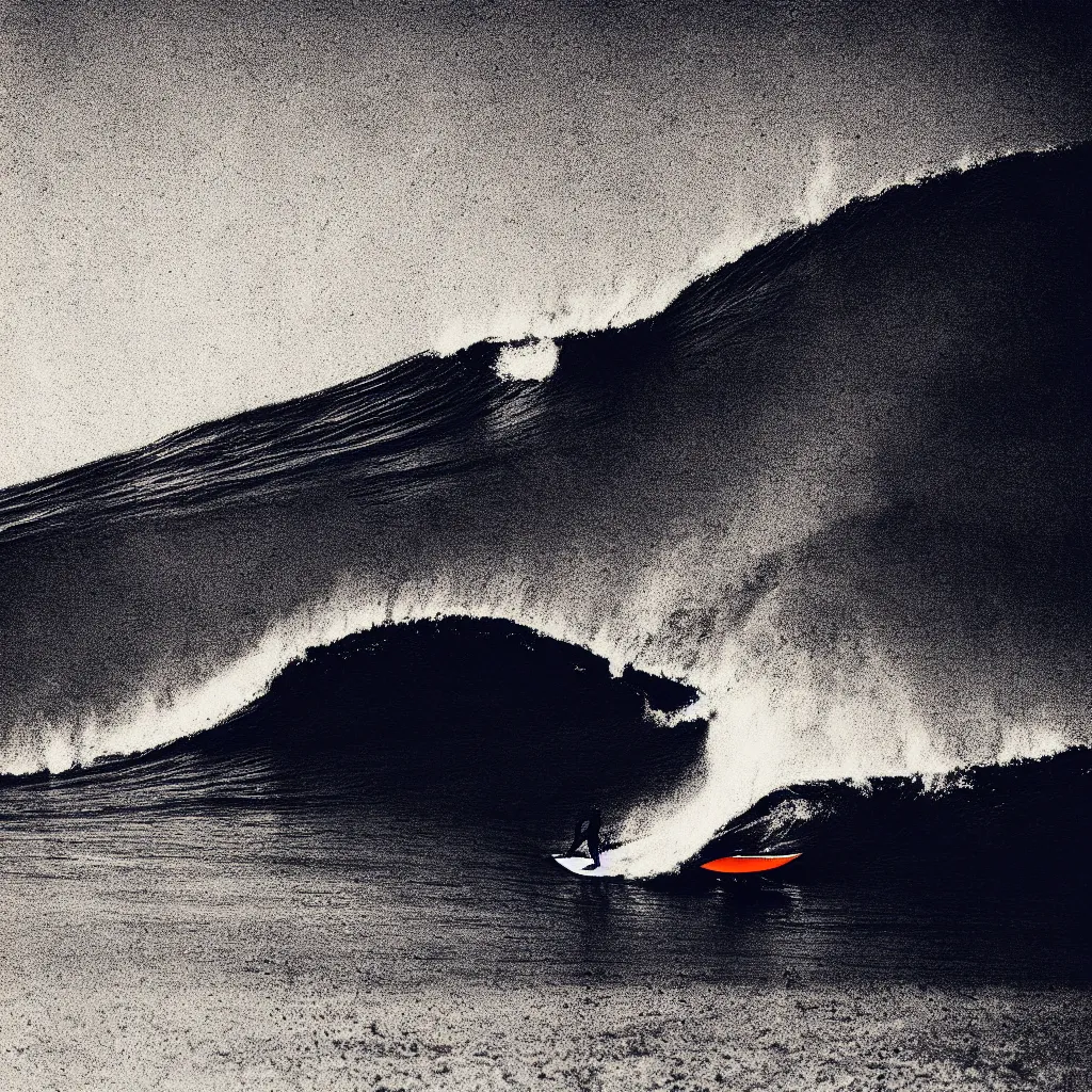 Image similar to surfing wave, mads berg, karolis strautniekas, film noir, stippled light, dramatic lighting, editorial illustration, detailed, fine texture, matte print, art deco, brutalism, dark blue + dark orange, red, black, ( ( habitat 6 7 background ) )