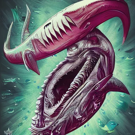 Prompt: android jones illustration of a shark, alien mouth