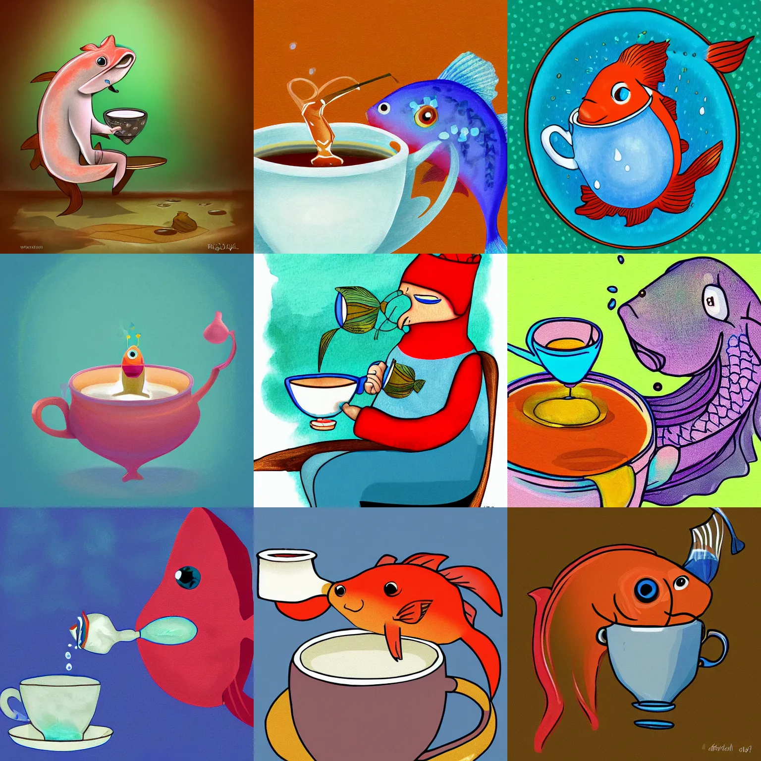 Image similar to a digital painting of a magical fish drinking a cup of tea