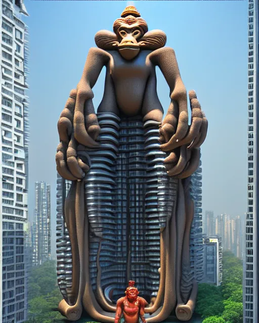 Image similar to high quality 3 d futuristic biomorphic hanuman! head building in mumbai!! centre, highly detailed, cinematic smooth, berenice abbott & john j. park, dramatic warm morning light, wide shot, high angle, uhd 8 k, sharp focus