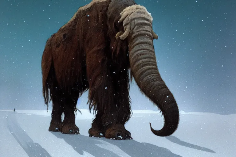 Image similar to a mammoth walking in a terrible snowstorm, luminous sky, by greg rutkowski and alphonse mucha, gradient brown to white, rocky mountains background, highly detailed landscape, digital painting, artstation, concept art, smooth, sharp focus illustration