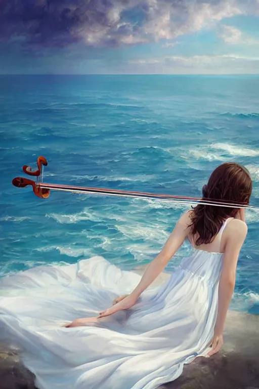 Image similar to a beautiful girl playing violin in a white dress over the ocean magic, by wlop, artgerm