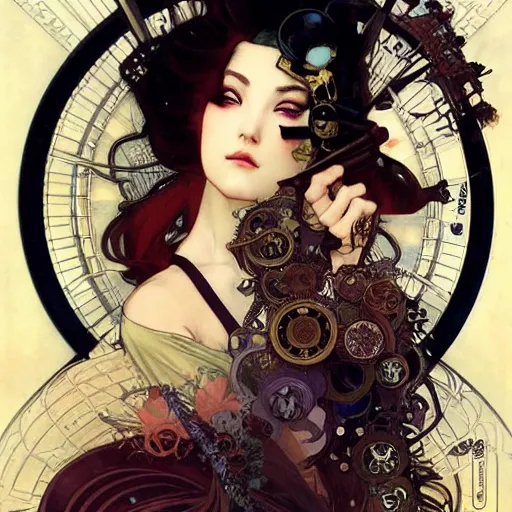 Prompt: realistic detailed face portrait of a Steampunk Geisha by Alphonse Mucha, Ayami Kojima, Amano, Charlie Bowater, Karol Bak, Greg Hildebrandt, Jean Delville, and Mark Brooks, Art Nouveau, Neo-Gothic, gothic, rich deep moody colors