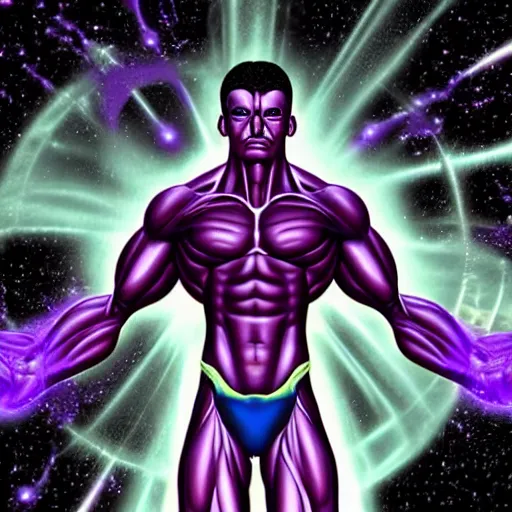 Image similar to a muscular man made of purple energy, wielding two orbs in his hands that are able to manipulate the force of electromagnetism in order to cause chemical changes inside of the orbs.