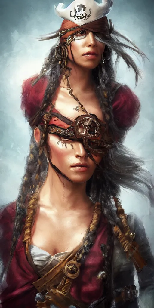 Image similar to Pirate Queen wearing an eyepatch, close-up, highly detailed, high quality, fantasy concept art, soft lighting