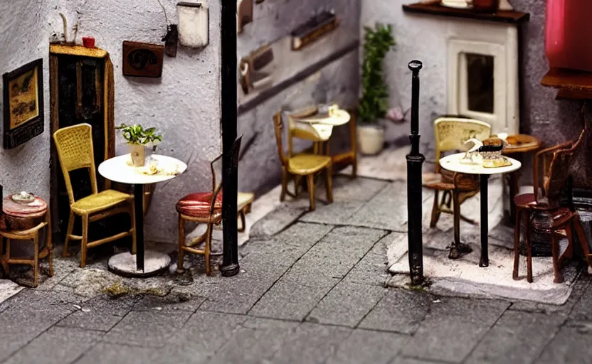 Image similar to miniature cafe diorama macro photography, cafe for mice, alleyway, ambient, atmospheric photograph, romantic