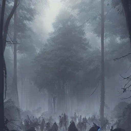 Image similar to a foggy miasma, attacking a group of adventures running through a forest, fantasy art by greg rutkowski