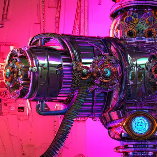 Prompt: album art, album name is tripmachine, photo of a huge futuristic steampunk motor inside a machinery, 8 k, fluorescent colors, halluzinogenic, multicolored, exaggerated detailed, front shot, 3 d render, octane