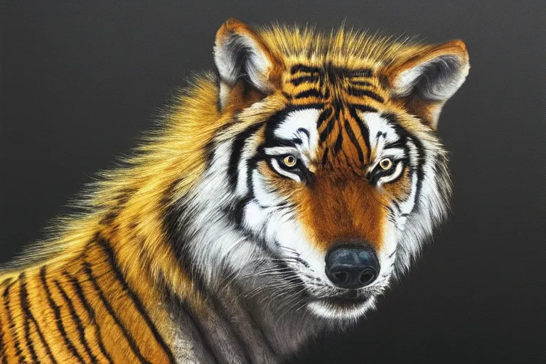 Image similar to wolf tiger hybrid animal, portrait by tim eitel