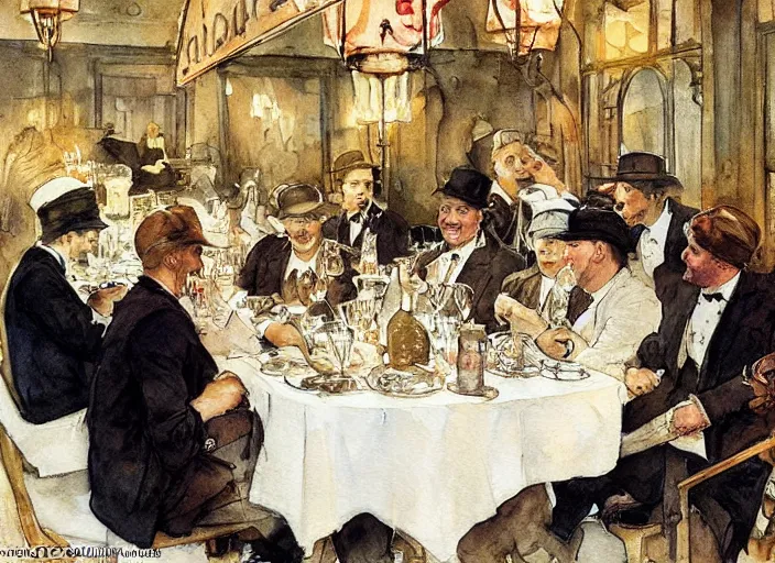 Image similar to gentlemens dinner, singing, roaring twenties, cellar, masterpiece, torches on wall, meat, wine, schnapps, watercolor by anders zorn and carl larsson, art nouveau