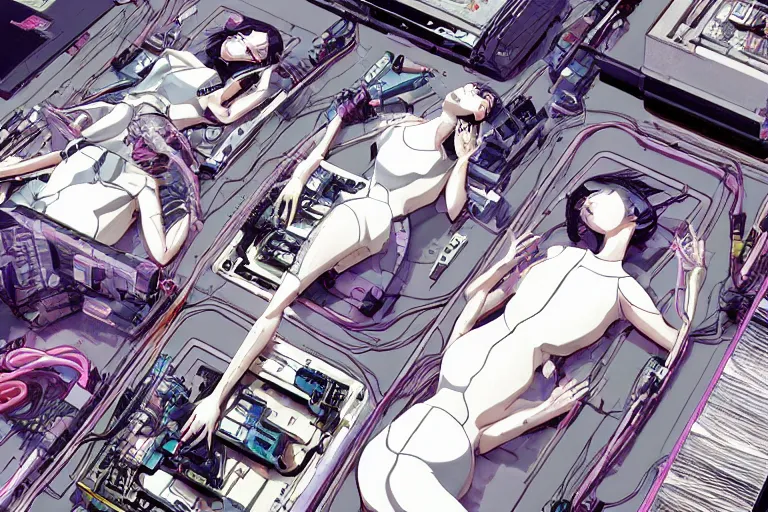 Image similar to a cyberpunk illustration of a group of female androids in style of yukito kishiro, lying on an abstract, empty, white floor with their body parts scattered around in various poses and cables and wires coming out, by masamune shirow and katsuhiro otomo, hyper-detailed, intricate, view from above