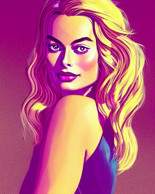 Prompt: closeup portrait beautiful seductive margot robbie with long windblown hair in a gold party dress in standing on a street in chinatown, pink lipstick, glamour pose, detailed illustration, digital art, trending on artstation, arney freytag, frank miller, moebius, graffiti, gta v,