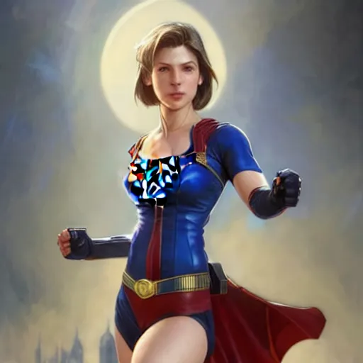 Image similar to Jill Valentine as Super Girl, western, D&D, fantasy, intricate, elegant, highly detailed, digital painting, artstation, concept art, matte, sharp focus, illustration, art by Artgerm and Greg Rutkowski and Alphonse Mucha