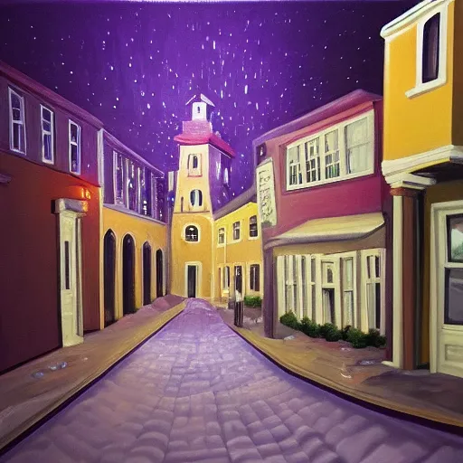 Prompt: hyperrealistic painting of old town, terrifying, purple dim light, ghosts flying from 8 floors building