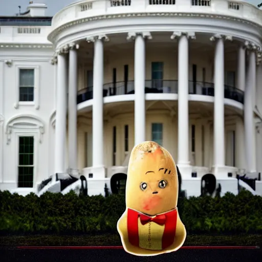 Prompt: a baked potato running for president, wearing a presidential suit and tie, at the white house