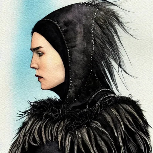 Image similar to full body detailed watercolor illustration of alien anya taylor - joy mixed with jennifer connelly, unsettling, hooded long black feathered cloak, uncanny valley, with black feathers instead of hair, gothic, reading a book, guillermo del toro, gray mottled skin, pale and sickly, profile view, - - ar 9 : 1 6