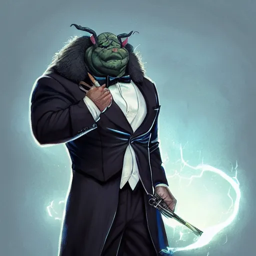 Prompt: ogre wearing a tuxedo, cinematic lightning, d & d, fantasy, highly detailed, digital painting, sharp focus, illustration, art by artgerm and greg rutkowski and magali villeneuve