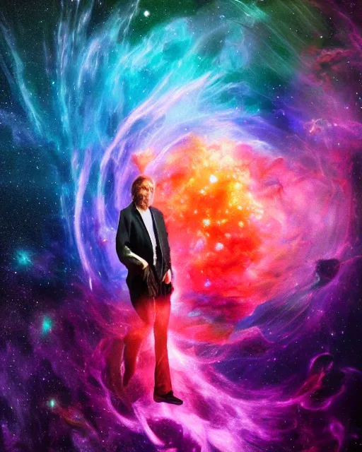 Image similar to alan watts floating in a nebula explosion wormhole portrait painting highly detailed procreate, 3d render senior artist, photorealistic, textured, featured on artstation