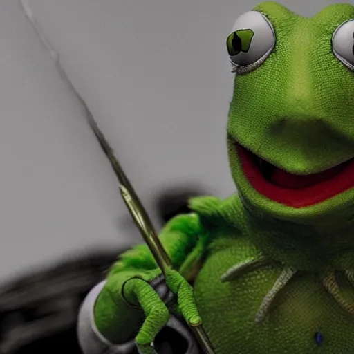 Image similar to hyperrealist highly detailed English medieval portrait of Kermit the Frog as Geralt of Rivia, concept art pascal blanche dramatic studio lighting 8k wide angle shallow depth of field