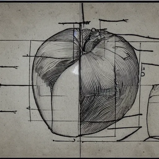 Prompt: schematics of an apple, davinci style, paper drawing, highly detailed, accurate from reality, usable to replicate, 8 k