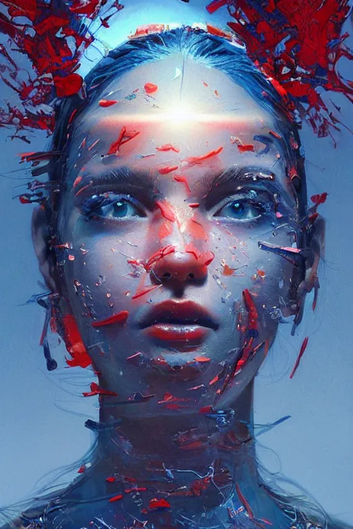 Prompt: 3 d, sci - fi, sun rays, sleepy fashion model face, detailed blue faces aside, cinematic, vogue cover style, poster art, light red and deep blue mood, realistic painting, intricate oil painting, high detail, figurative art, multiple exposure, poster art, 3 d, by tooth wu and wlop and beeple and greg rutkowski