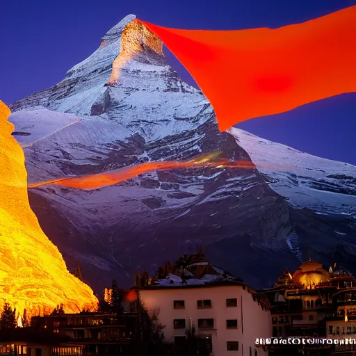 Prompt: illumination of the matterhorn in the colors of indian flag, projected illuminated on the matterhorn mountain at night