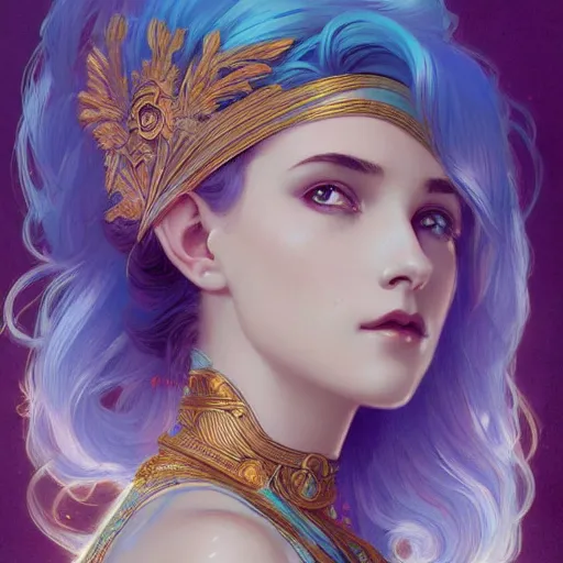 Prompt: goddess, blue hair, intricate, elegant, ethereal, highly detailed, retro, digital painting, artstation, concept art, smooth, sharp focus, illustration, art by artgerm and greg rutkowski and alphonse mucha