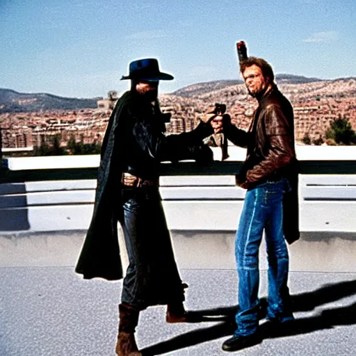 Prompt: duel between cad bane and clint eastwood on the vallecas bridge