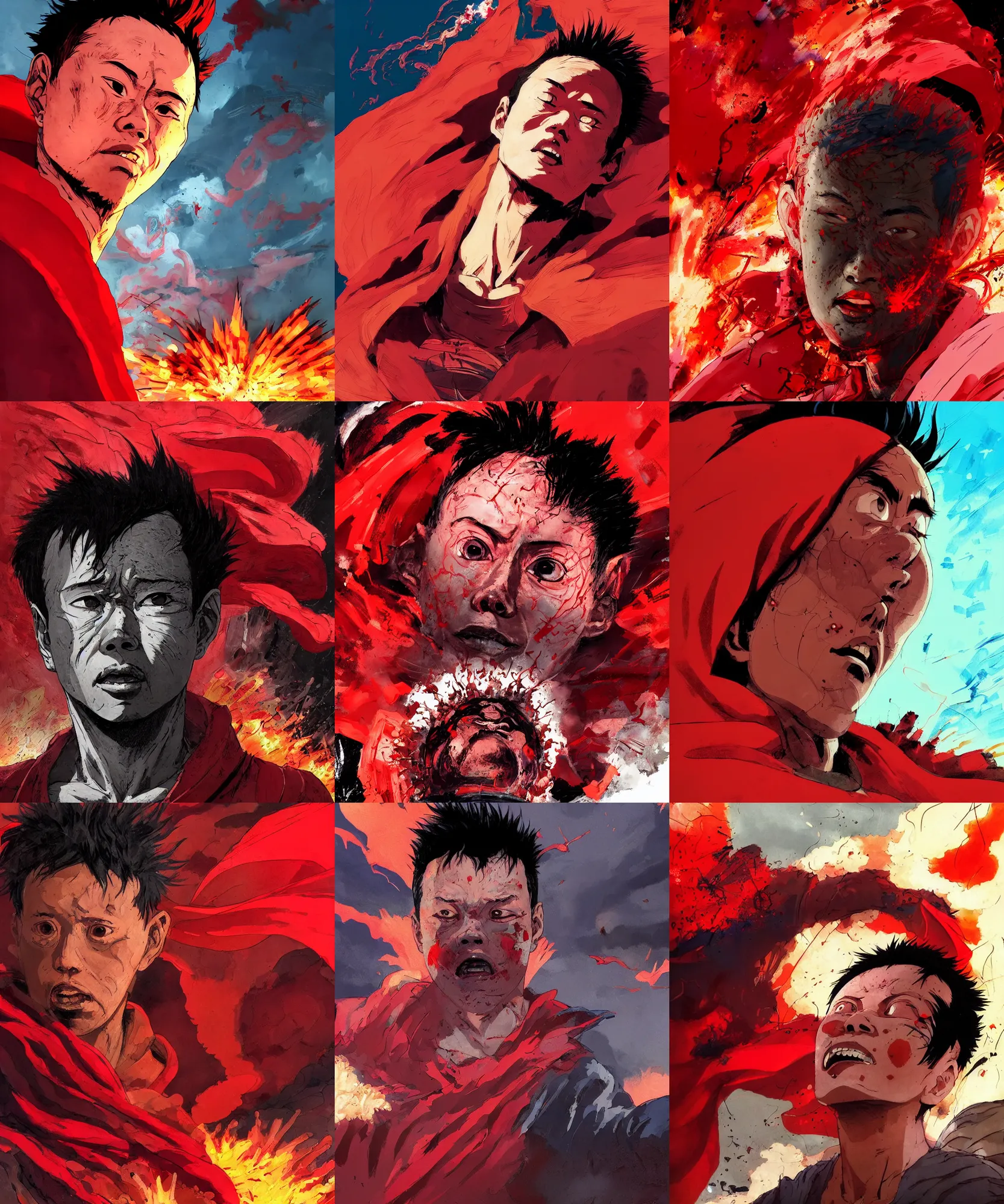 Prompt: portrait of tetsuo with red cape from akira, close up of a tank exploding with tetsuo nearby there is fire and smoke everywhere, vibrant colors and hard shadows and strong rim light, comic cover art, plain background, trending on artstation, in the style of atey ghailan and charlie bowater and mike mignola and artgerm