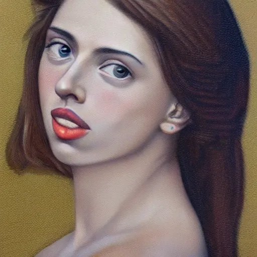 Prompt: a finished, detailed side view portrait painting of a very young italian woman resembling scarlett johansson and ana de armas, by sandro boticelli