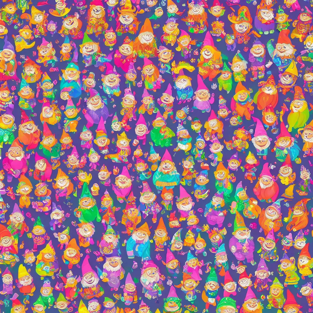 Image similar to 100 gnomes colorful in the style of lisa frank