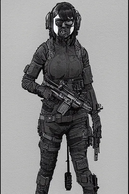 Prompt: maria. Deadly blackops mercenary in tactical gear and cyberpunk headset. Blade Runner 2049. concept art by James Gurney and Mœbius.