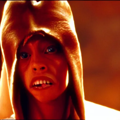 Image similar to film still of jar jar binks as a female cowgirl, long eyeslashes, big juicy lips, big seductive eyes