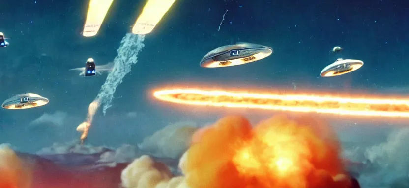 Image similar to a film still of an epic space ufo battle, explosions, wide angle, rule of thirds, colorful, thunderbirds, hbo, 4 k, hd, hyperrealistic, 7 0 mm, cronenberg