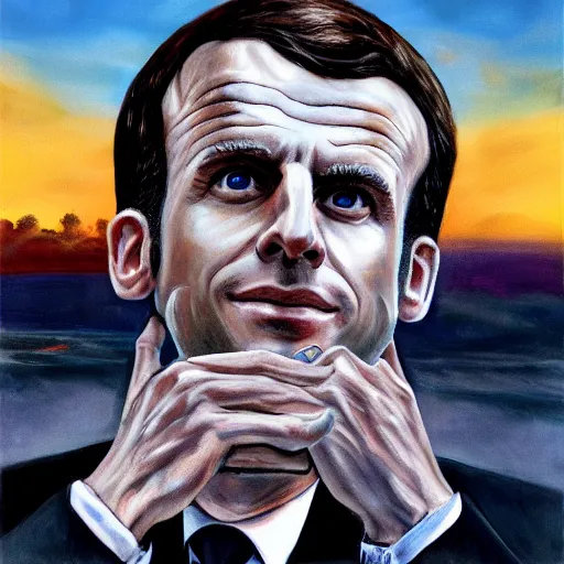 Image similar to Emmanuel Macron save the world, realistic, detailed, cinematic light, art by catholic saints